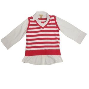 Y2K sweater vest with attached‎ collared shirt red and white striped Waldo L